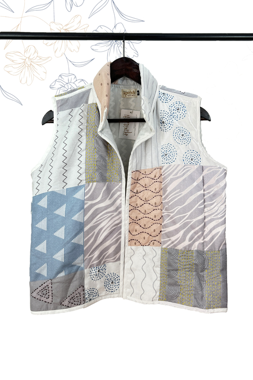 Pastel shade comfy winter jacket embellish with kantha stich motive by hand.